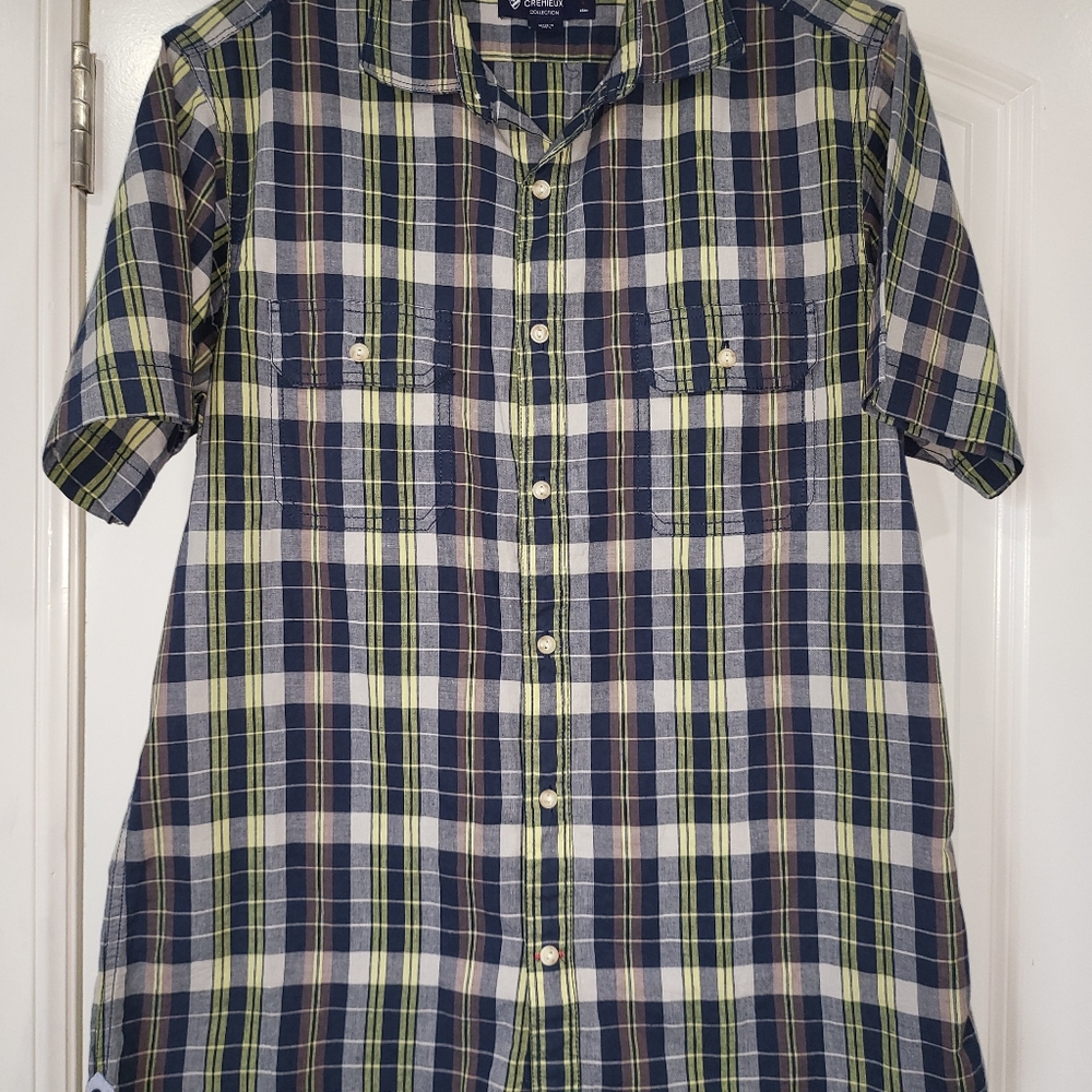 Cremieux Mens Short Sleeve Slim Fit Button up shirt  Large Blue/ Brown